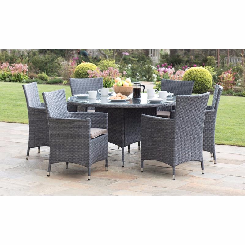the malaga rattan 6 seater round furniture set is a dining set in stylish grey rattan that offers comfortable dining for up to six people - Rattan Garden Furniture 6 Seater the malaga rattan 6 seater round furniture set is a dining set in stylish grey rattan that offers comfortable dining for up to six people - Rattan Garden Furniture 6 Seater